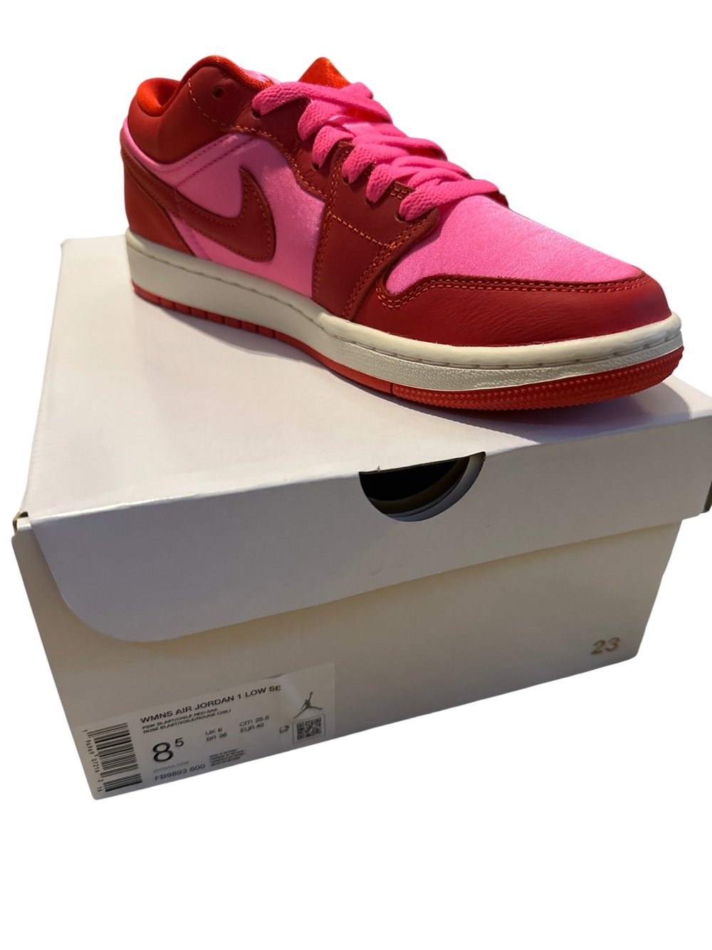 Women’s Air Jordans 1 Low SE Sneaker - Pink Blast & Chile Red-Sail, 8.5